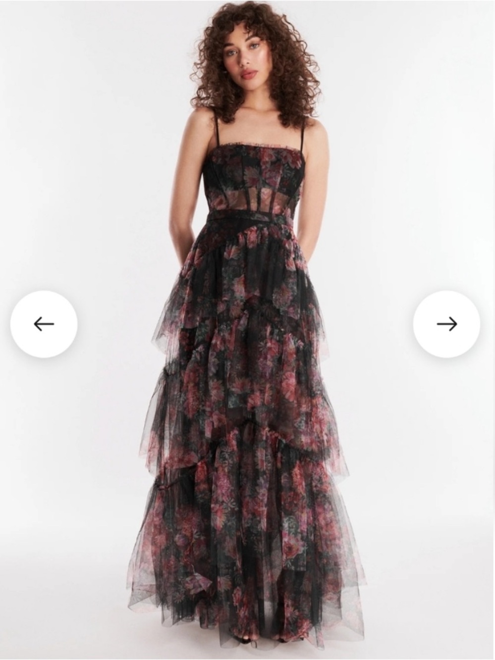 BCBGMaxAzria Black & Rose Floral Tiered Tulle Maxi Dress